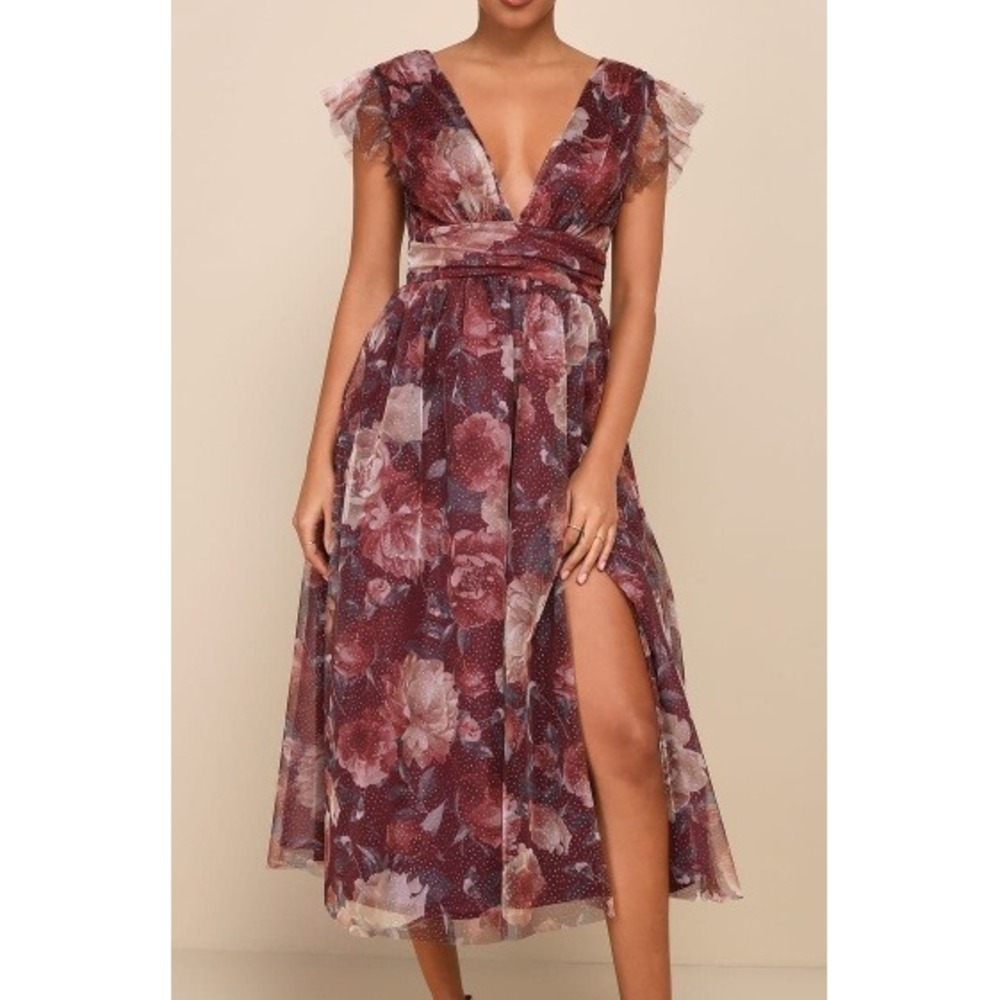 Lulus Floral Tulle Ruffles Midi Dress